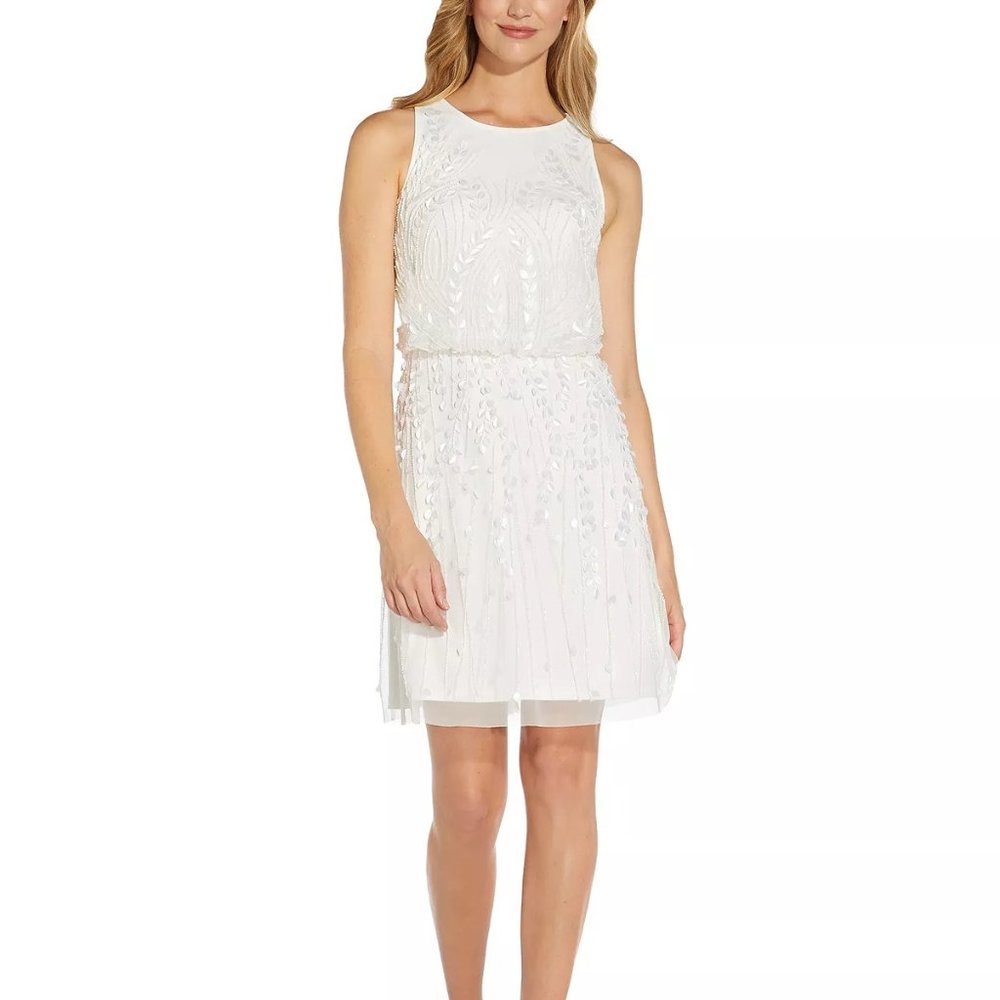 ADRIANNA PAPELL Embellished Blouson Dress Ivory